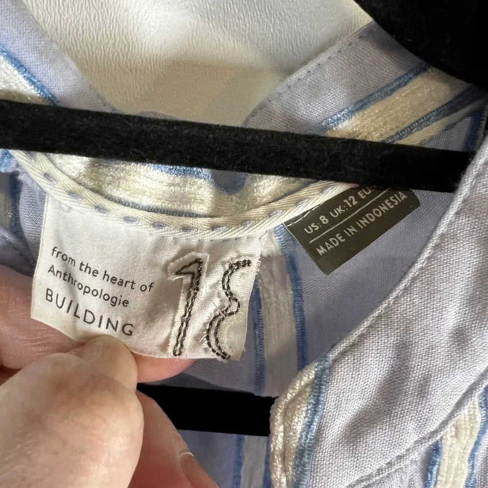 Anthropologie Building Blue White Striped Tie Waist Button Down Blouse‎ Top Sz 8